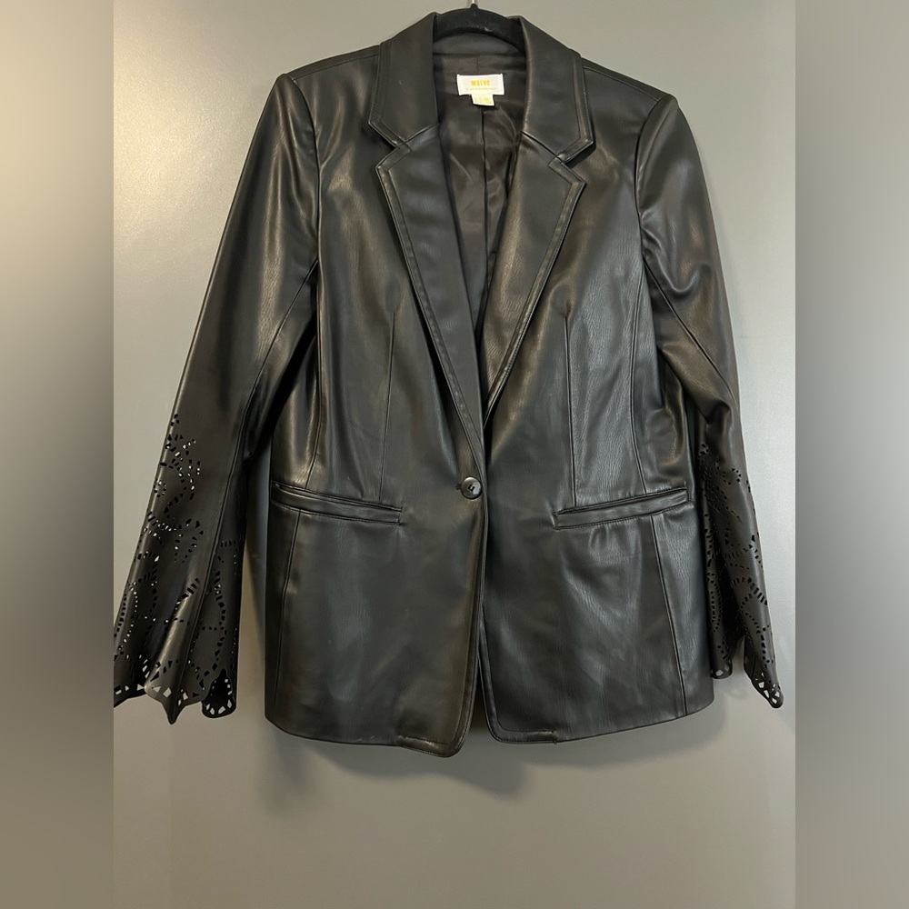 Maeve Black Leather Blazer with Laser-Cut Sleeves